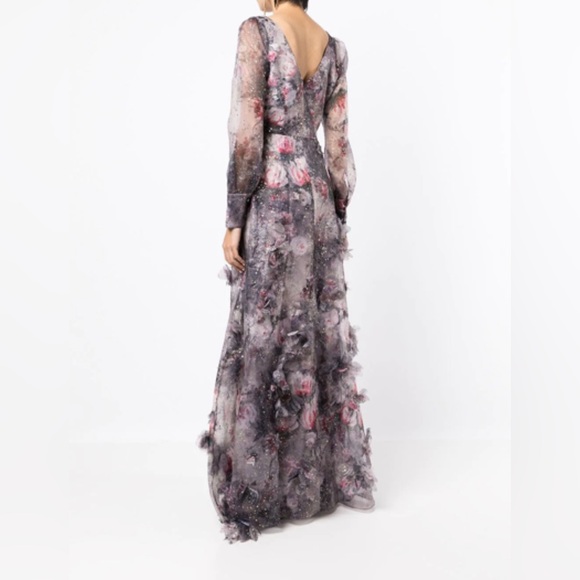 Marchesa Notte NEW Blouson Sleeve Foiled Floral Appliquéd 3D Organza Gown Sz 10 - Picture 6 of 16